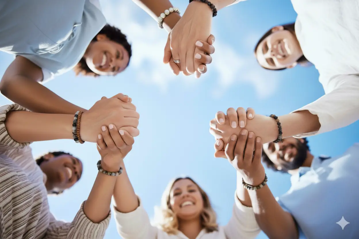 Mains jointes en cercle vers le ciel — symbole de solidarité